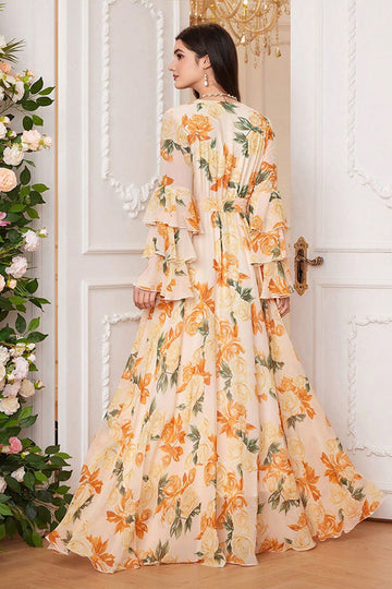 Gul Floral Chiffon A-linje V-hals Langærmet Lang Gallakjole